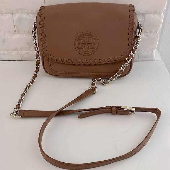 Tory Burch Mini Marion Crossbody Purse Camel Leather Authentic - Picture 11 of 12